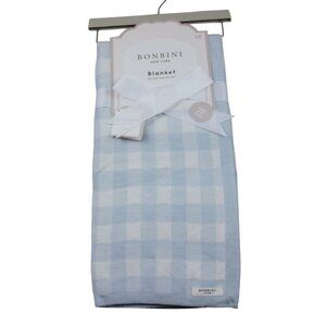 Bonbini NY Baby Blanket Blue White Gingham Infant Boys Super Soft Yarn NWT RARE